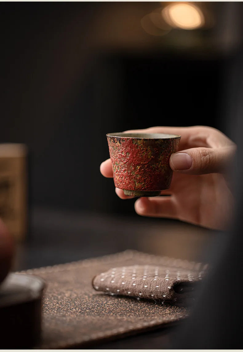 2pc/lot Kiln Change Red Old Rock Mud Horseshoe Teacup Handmade Tea Bowl Single Cups Smelling Cup Jianzhan Master Cups Tea 45ml.