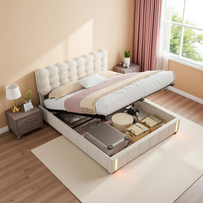 Lazyspace Polsterbett mit Kopfteil, hydraulisches Bett mit Stauraum und LED, für Jugendliche, Erwachsene, Samt, ohne Matratze, 160 x 200 cm