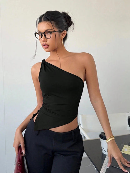 Women's Sexy One Shoulder Asymmetry Hem Crop Top Shoulder Knot Desigh Backless Slim Fit Cami Top streetwear 2025 Summer.