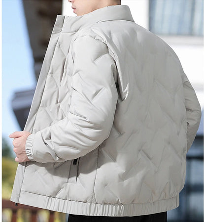 Men's winter standing collar cotton jacket with diamond grid pattern warm jacket, casual solid color fashionable simple jacket.