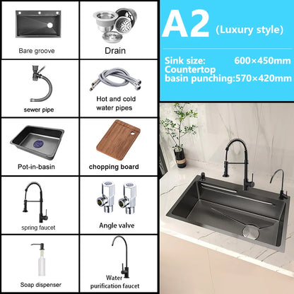 Stainless Steel Kitchen Sink Embossed Large Single-Slot With Kitchen Faucet Multifunctional Washbasin for Apartment