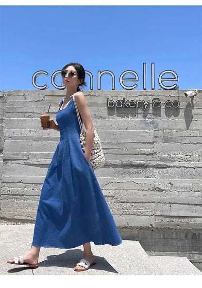 Blue Mist Love Französisches Jeanskleid für Damen, Sommer, einzigartiges Design, Taille, Cinching-Riemen, langes Kleid, elegante blaue Polyesterfaser