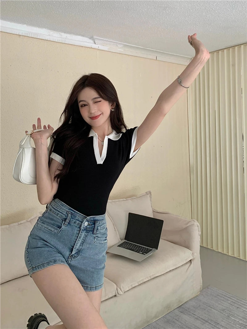 Jielur Spell Color Polo Knitting Women's Blouses Slim Sexy Short Sleeve Summer New Casual Female Blouse Chic Simple Office Lady