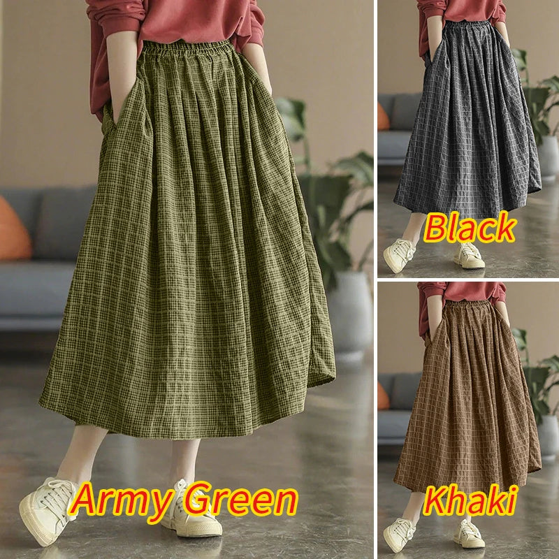 ZANZEA Women's Vintage Gingham Midi Skirts Casual Elastic Waist Gathered A-Line Skirt 2025 Autumn Woman Clothing Bottoms S-3XL.