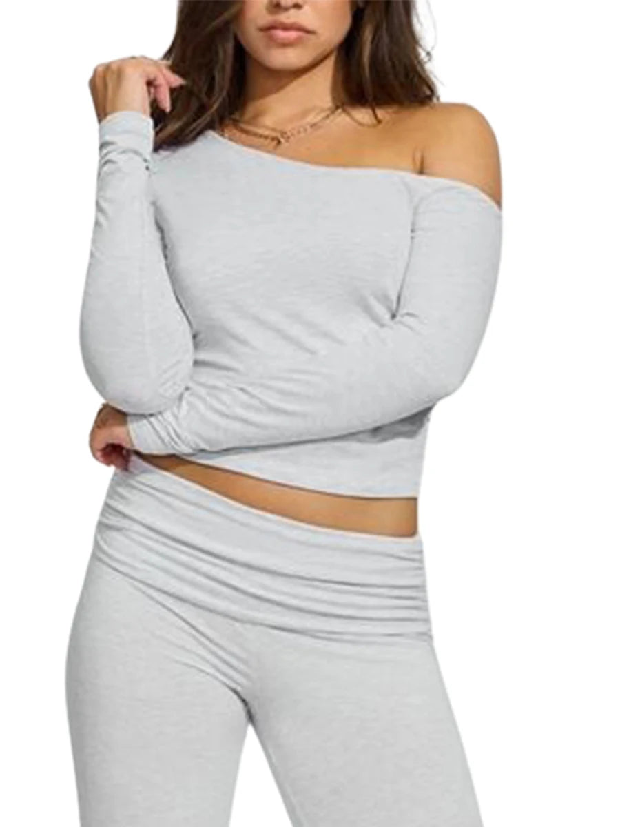 Women's One Shoulder Pullover Tops Slim Fit Solid Color Slash Neck Long Sleeve Showing Navel Asymmetrical Basic Shirt for Fall