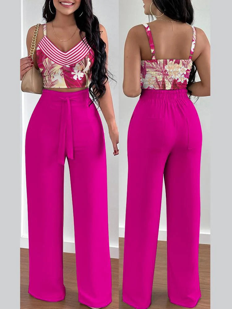 Women Fashion Print Halter V-Neck Short Tank Suit Tops Long Pants Matching Set Summer Casual Female Slim Pants Two Piece Sets.