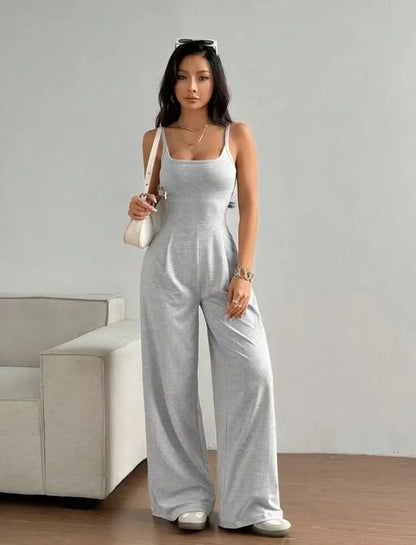 Fashionable Solid Color High Waist Bell Bottom Jumpsuit Backless Strap Casual Women's Long Pants One Piece Suit Female