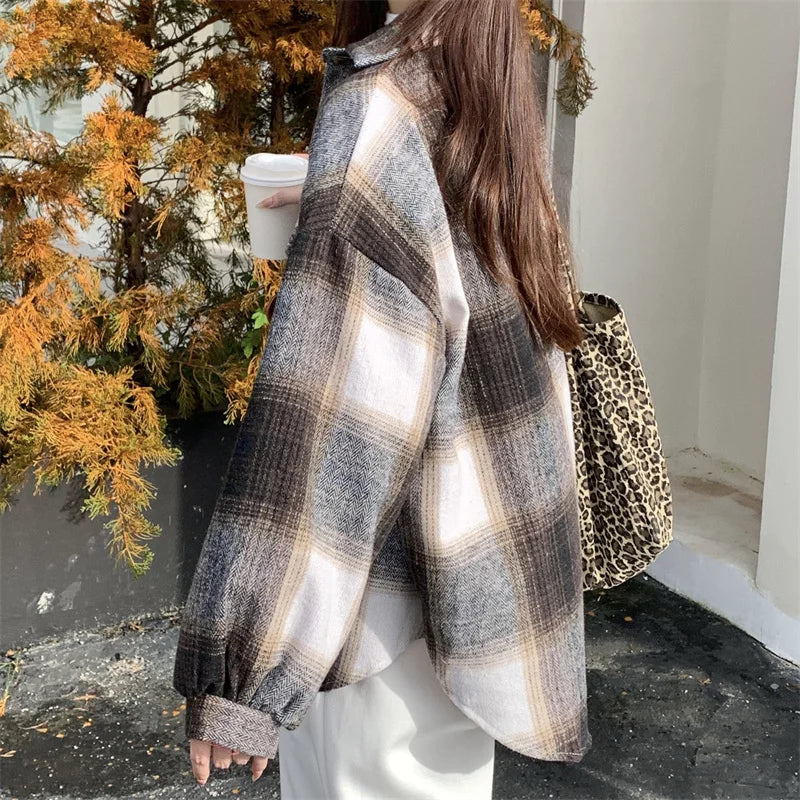 Zjaiss Women Thick Woolen Plaid Blouse Loose Long Sleeved Tops 2025 Autumn Winter New Casual Shirt Long Shirts