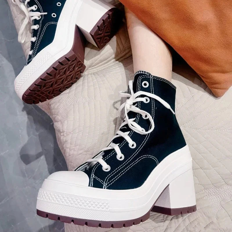 Women Platform Sneakers Luxury Brand  Women Boots Fashion Outdoor Skateboard Shoes Women High Top Canvas Sneaker Plus Size 36-42.