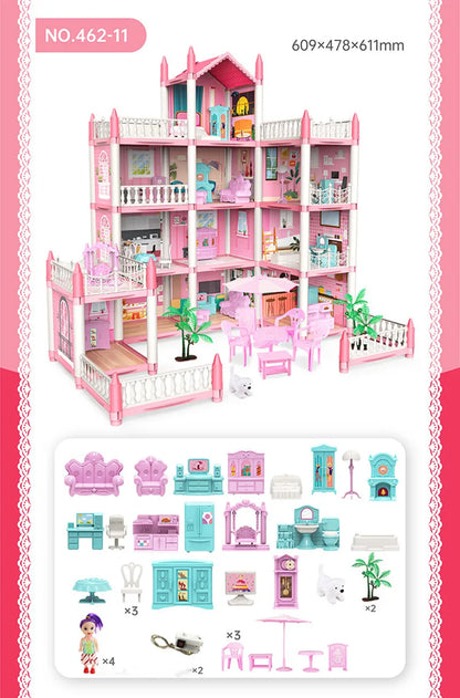 Girls Toddler Doll House - Large Doll House with 4 Dolls, Furniture, Accessories, LED Lights, 4 Stories Princess Dream House Toy.