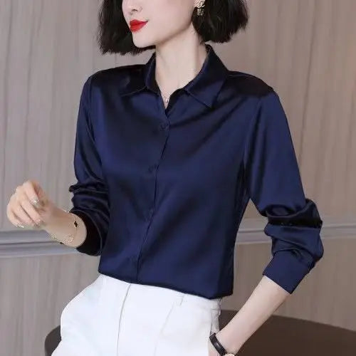 High Quality Silkly Satin Women's Shirt Office Ladies Long Sleeve Blouses Polo Neck Gold shirt Button Luxury Casual women tops