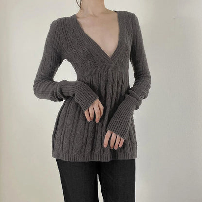 Y2K Zopfmuster-Pullover für Damen, weicher Pullover mit V-Ausschnitt, Tunika, solider A-Linien-Saum, langer Pullover, dehnbar, lässig für Herbst und Winter.