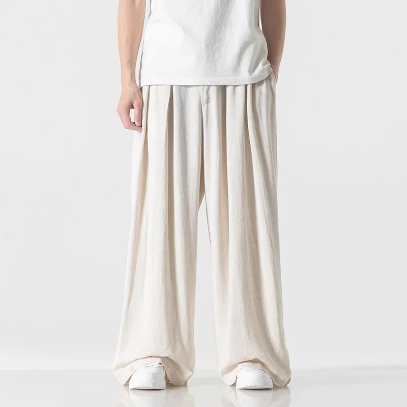 Hanfu Spirit Draped Linen Pants For Men Straight-leg Casual Trousers Chinese Style Loose-fit Ancient Wide-leg Song Trousers