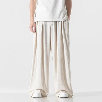 Hanfu Spirit Draped Linen Pants For Men Straight-leg Casual Trousers Chinese Style Loose-fit Ancient Wide-leg Song Trousers