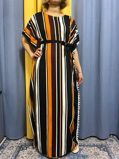 Abayas For Women 2024 Printed Vertical Stripe Tassels Elasticity Loose Fit Femme Robe African Woman Dresses With Belt Headscarf.