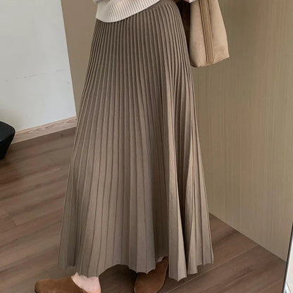 2026 Khaki Cashmere Knitted Midi Skirt for Women, Loose Fit, Draped, Slimming A-Line Pleated Skirt for Autumn and Winter