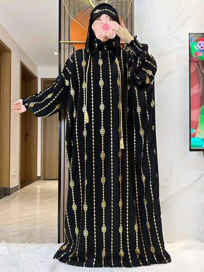 High Grade Cotton Fabric Ramadan Muslim Two-Hat Abaya Dubai Turkey Islam Prayer Clothes Gold Dust Dress Islam Women Dress Kaftan.