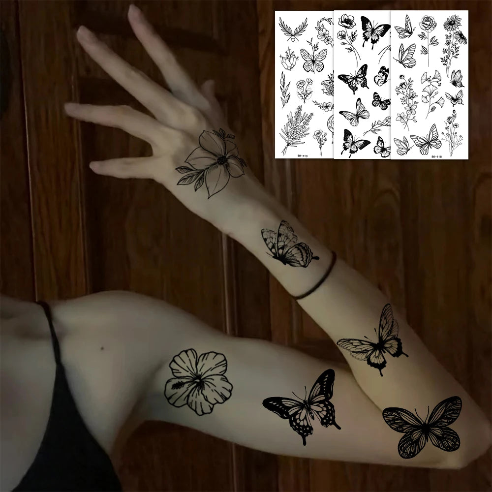 1/6pcs Black Butterfly Fake Tattoo Waterproof Temporary Tattoo Stickers Leg Arm Hand Foot Body Arts Magic Flower Texture Sticker.