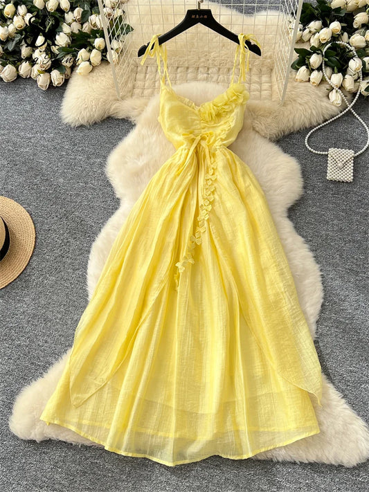 SINGREINY 2025, süßes Sommerkleid für Damen, Spaghettiträger, plissiert, 3D-Blumenmuster, schickes Sommerkleid, Fairycore, unregelmäßiges Kleid.