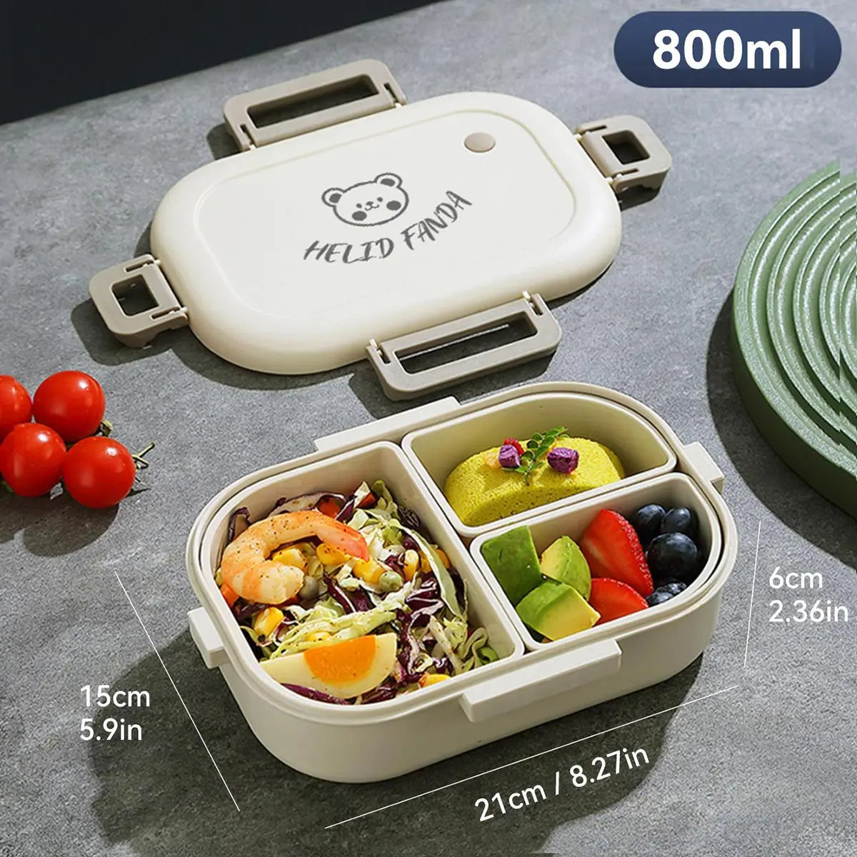 WORTHBUY Portable Plastic Bento Lunch Box With 3 Removable Compartment Leak-proof Microwave Salad Food Container For Kids School