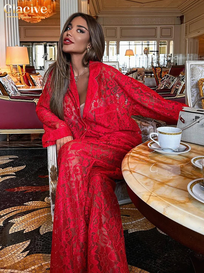 Clacive Sexy Loose Black Lace See Through Trousers Sets Women 2 Pieces Fashion Long Sleeve Shirt With High Waist Wide Pants Set