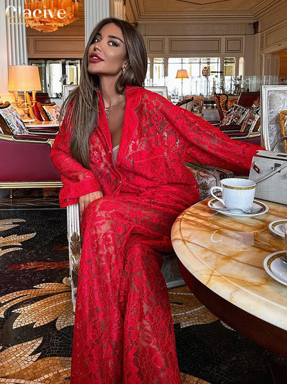 Clacive Sexy Loose Black Lace See Through Trousers Sets Women 2 Pieces Fashion Long Sleeve Shirt With High Waist Wide Pants Set