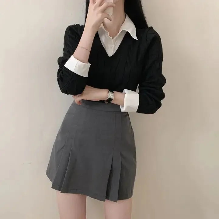 Mode Winter Gestrickte Pullover Frauen Casual V-ausschnitt Pullover Alle-spiel Weibliche Kleidung Lose Gefälschte Zwei Artikel Kurze Tops Jumper.