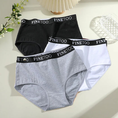 Finetoo 3Pcs Women's Cotton Briefs Women Plus Size Seamless Panties Breathable Underwear Female Low Waist Soft Lingerie S-XXL.