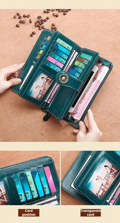 Vintage Large Capacity Women's Purse, Oil wax skin, Multi-card, Long Wallet, Multi-function Zipper Strap, Wrist Strap, New.