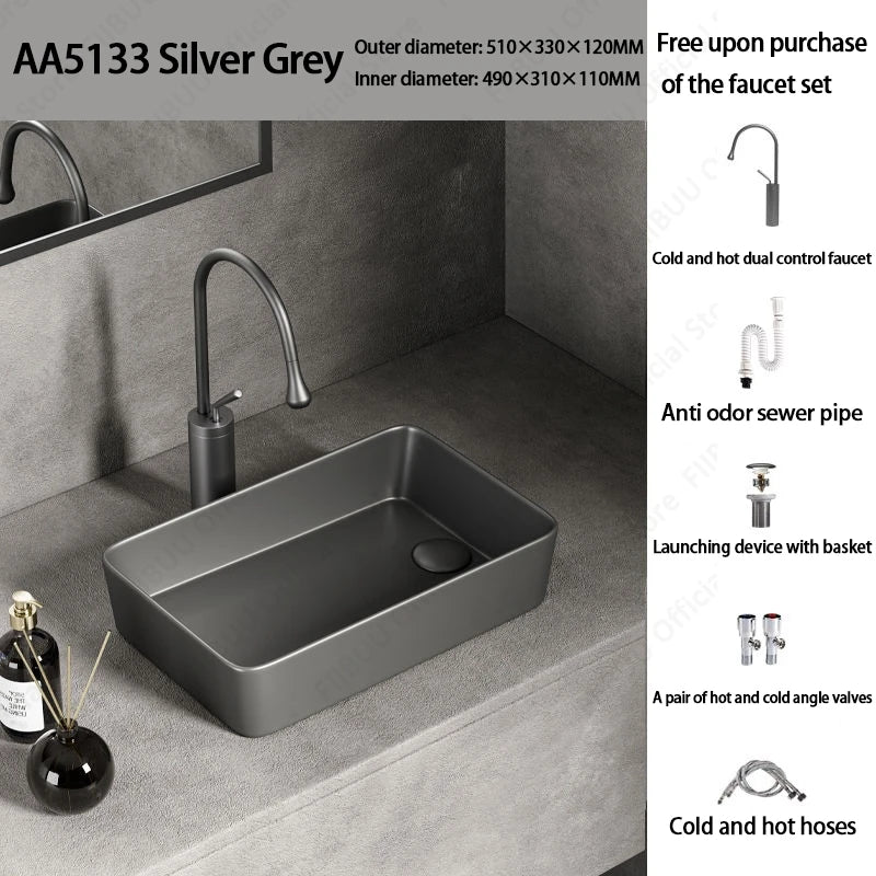 Rechteckiges silbergraues Porzellan-Keramikgefäßwaschbecken über der Theke, Toilette, Badezimmer-Schminktisch, Waschbecken, glasiertes weißes Waschbecken