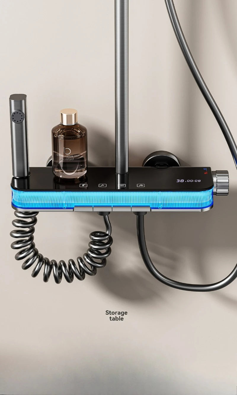 Smart Digital Rainlfall Bathroom Shower Set Temperature Display Bathroom Shower Faucet Set Grey Shower System with Ambient Light