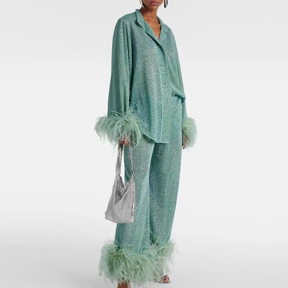 Fashion Solid Patchwork Feather Tops+Straight Pants Set Casual Loose Stand Collar Outfits Elegant Long Sleeve Button 2 Piece Set.