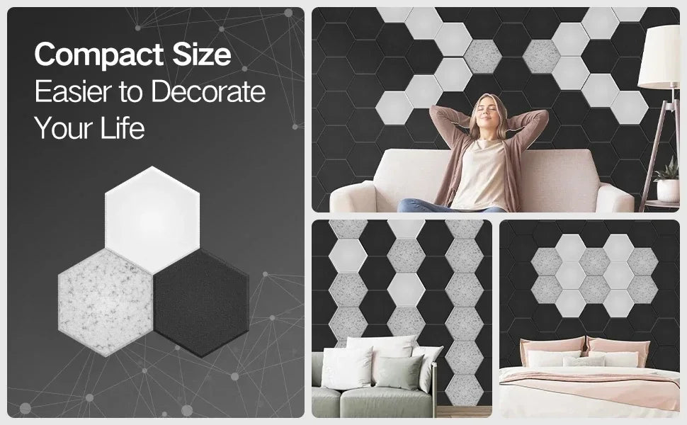 12 Pack HexagonalSelf-adhesive Acoustic Panels Sound Proof Foam Panels Y-Lined Design to Absorb Noise Eliminate Echoes Black