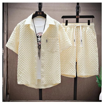 Casual Thin Sports Two-piece Set 2024 Summer Ice Silk Suit Men's Trendy Short Sleeve T-shirt Shorts One Set.