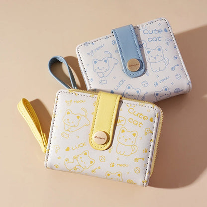 Japanese Cute Cat Girls Wallet Short Student ID Bank Card Holder Money Bag Zipper Wallets For Women Key Storage Purse Coin Purse.