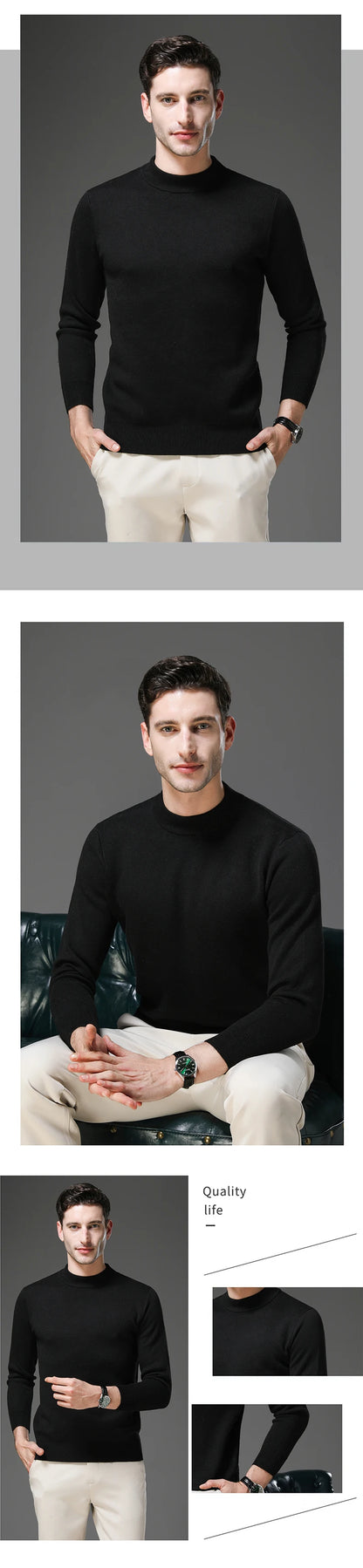 High End Wool Anti-pilling Blended Fashion Brand Half Turtleneck Knit Pullover Casual Sweater Mens Jumper Designer Clothing.