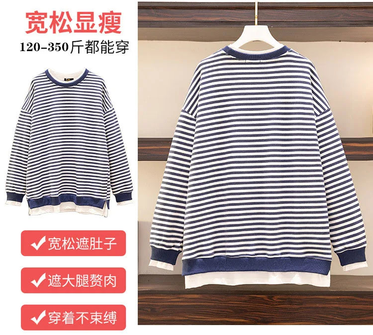 150Kg Plus Größe frauen Fehlschlag 157 Frühling Herbst Neue Lose Gefälschte Zwei-Stück Lange Ärmeln Gestreiften sweatshirt 5XL 6XL 7XL 8XL 9XL.