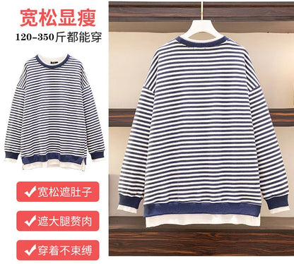 150Kg Plus Größe frauen Fehlschlag 157 Frühling Herbst Neue Lose Gefälschte Zwei-Stück Lange Ärmeln Gestreiften sweatshirt 5XL 6XL 7XL 8XL 9XL.