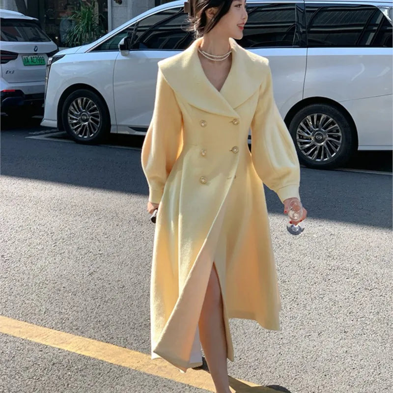 Mode frauen Lange Mäntel Winter Neue Oberbekleidung Revers Zweireiher Laterne Hülse Solide Vintage Chic Woolen Mäntel.