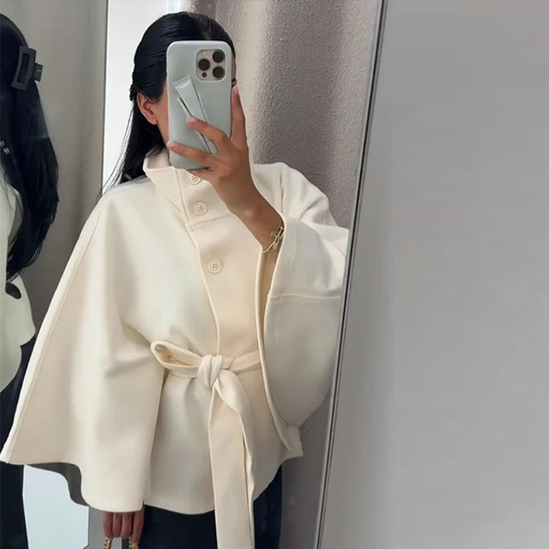 Mode Stehen Kragen Frauen Mantel mit Gürtel Casual Langarm Weibliche Lose Jacken Elegante Herbst Neue Feste Dame Oberbekleidung Straße.