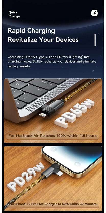 Essager 2-in-1 Right Angle Cable PD 65W 29W Fast Charging Elbow Data Cable For iPhone 15 14 13 MacBook Lenovo Asus Dell iPad Pro.