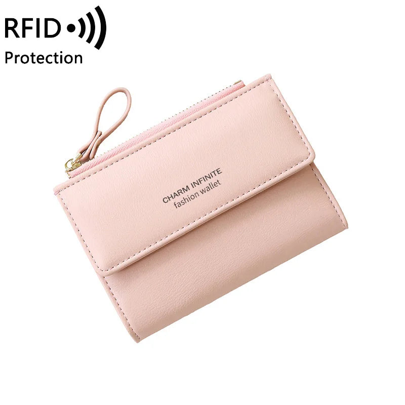 RFID Anti-Theft Short Card Bag for Women, Brush, PU, Solid Color, Zipper Buckle, Multi-functional Fashion, Small Purse