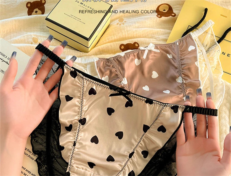 Sexy lingerie women Satin tangas lace ropa interior femenina sweet calzones para mujer plus size panties heart underwear women.