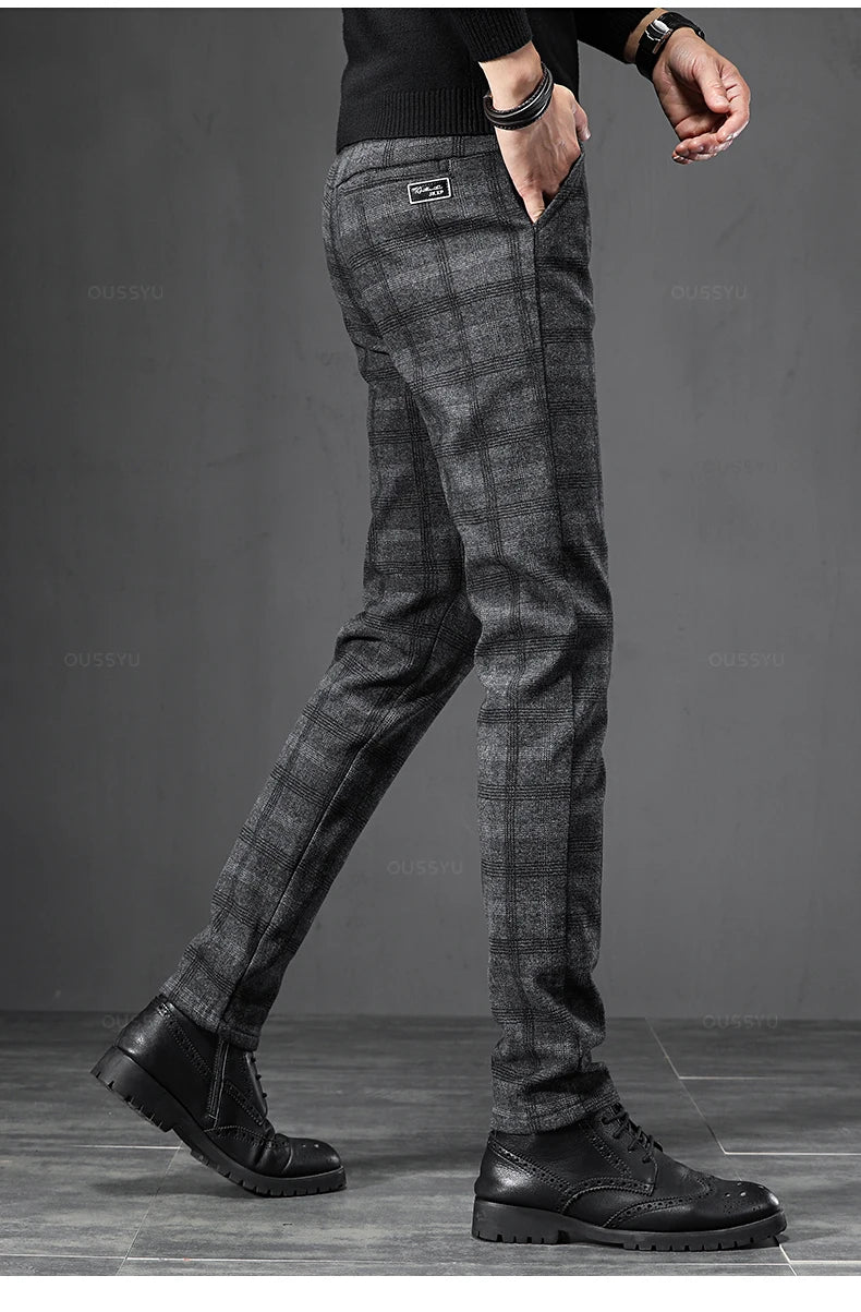 2025 New Spring Autumn England Plaid Work Stretch Pants Men Business Fashion Slim Grey Blue Casual Pant Male Brand Trousers 38.