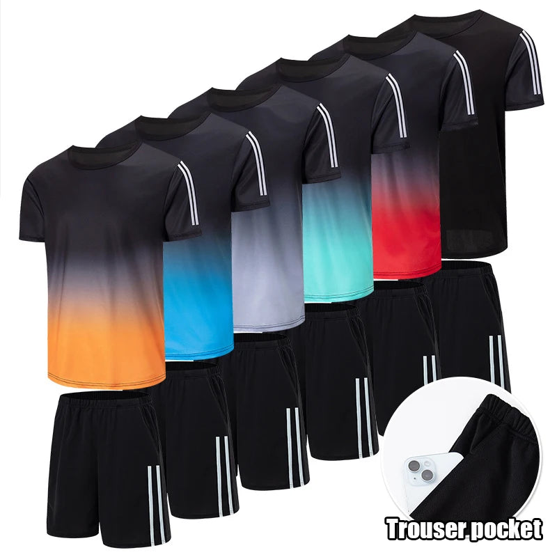 2pcs Summer Men's Quick drying Sports Suit Loose And Comfortable Round Neck Short Sleeved T-shirt Versatile Running Pocket Short.