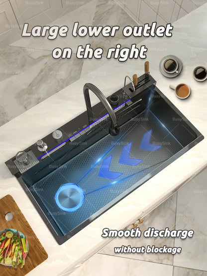 100x50cm Waterfall Kitchen Sink Stainless Steel Extra Large Single Bowl Digital Display Multifunctional Dishwashing Sinks