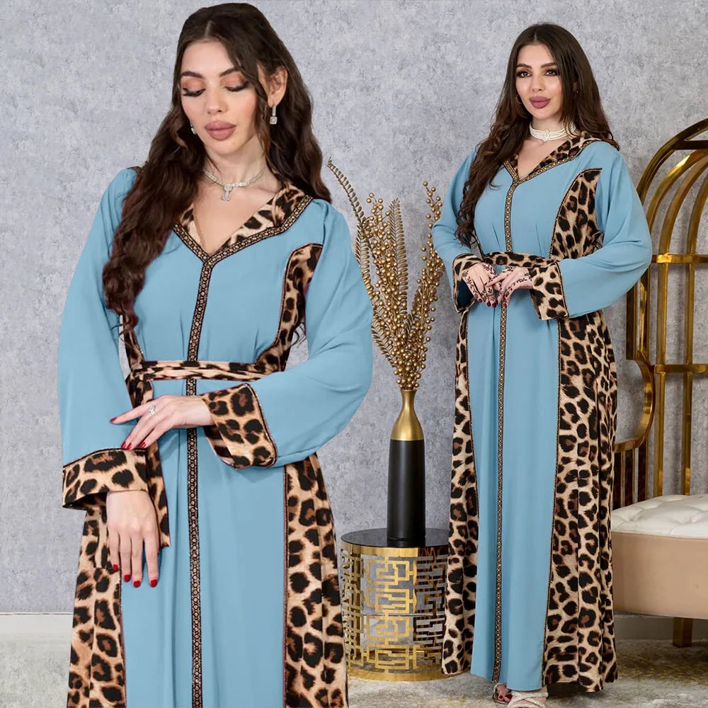 Elegantes arabisches Frauen-Partykleid, afrikanischer V-Ausschnitt, Leopardenmuster, langärmelig, Abaya, modische muslimische Dame, Urlaubskleid, islamische Kleidung.