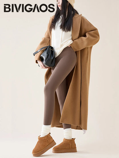 BIVIGAOS Autumn Winter High Waist Fleece Sharkskin Leggings Women Seamless Slim Tight-Fit Velvet Thickened Elastic Warm leggings.