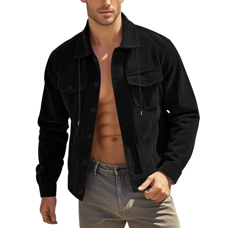 Men's Corduroy Jacket Stand-up Collar Slim Fit Retro Multi-pocket Workwear Commuter Coat for Spring And Autumn