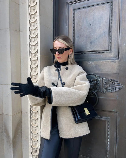 ZBZA Women's Faux Wool Jacket Loose Retro O-neck Single Breasted Long Sleeve Double Pocket Casual Overcoat Fall Winter Chic Coat